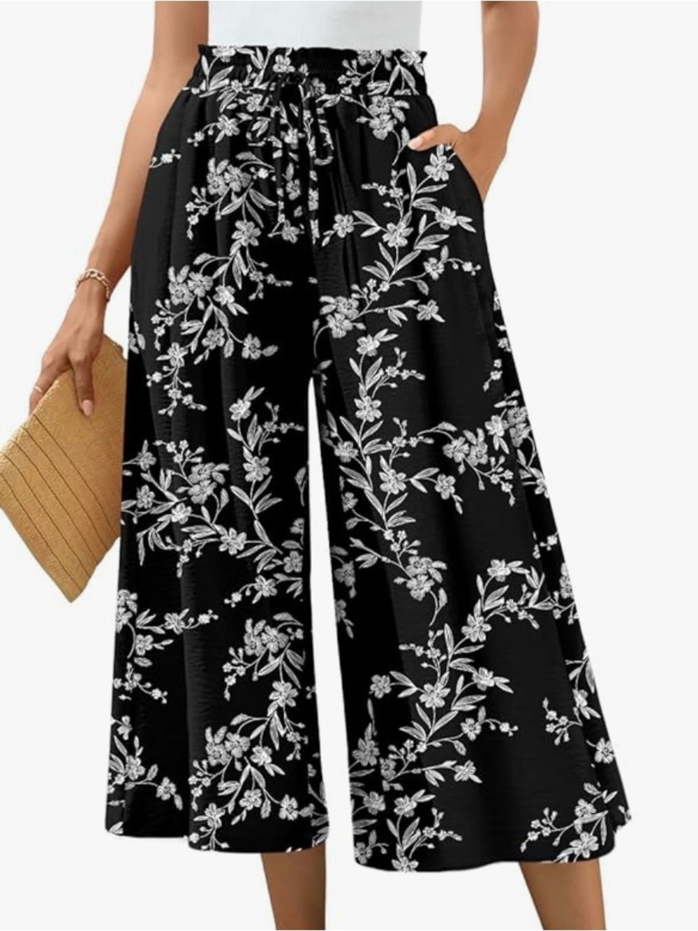 Black Floral Wide-Leg Capris with Drawstring Waist